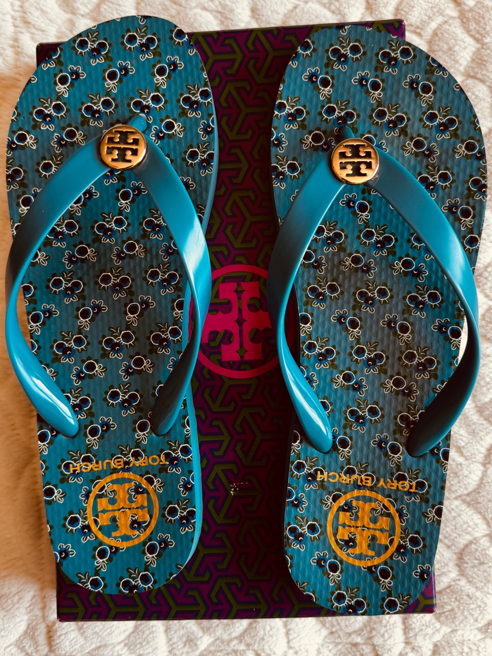 Tory Burch Turquoise Blue Floral Logo Flip Flops with Gold Medallions - Picture 5 of 5